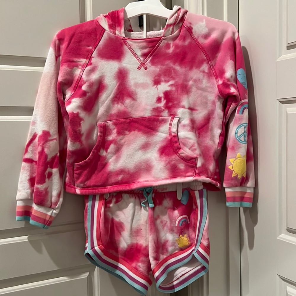 Hatley Pink Tie Dye Hoodie and Matching Shorts - Size 6